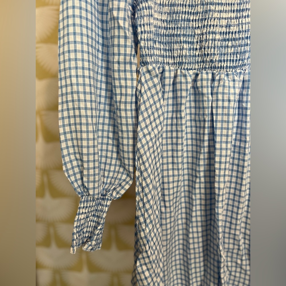 Blue/White Plaid Long Ruffle Sleeve Mini Dress - Picture 3 of 11